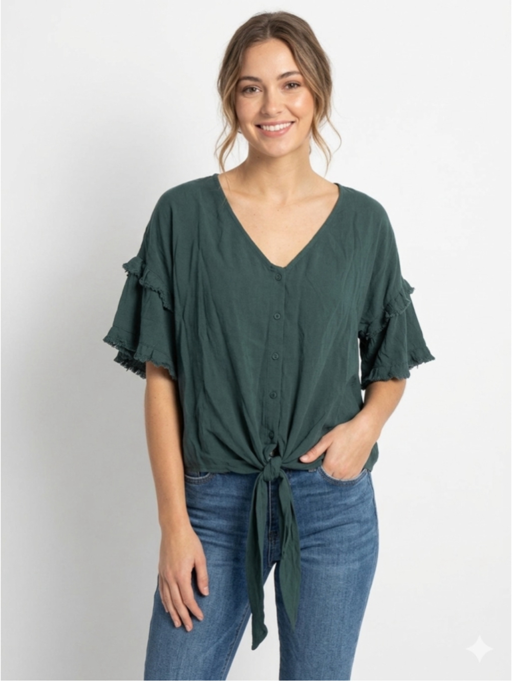 Women's Umgee Green Linen Blend Ruffle Sleeve Tie Front Blouse Size S